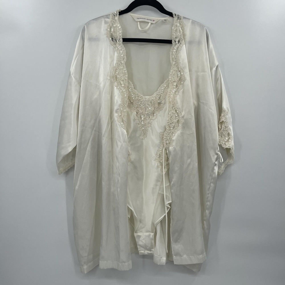 Vintage Victoria Secret Satin Beaded Teddy Hi Cut Leg Size Medium‎ Robe Wedding